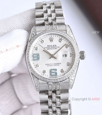 Swiss Copy Rolex Datejust Blue Diamond Dial Stainless Steel Watch Lady Size
